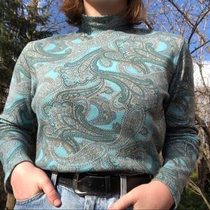 Teal Long Sleeve Vintage Turtle Neck Paisley Top